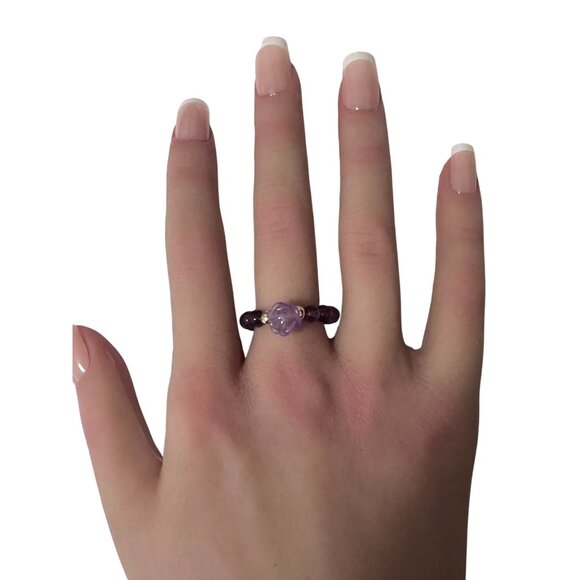 RAFANTHIA Jewelry - Amethyst Flower Gemstone Beads Stretch Ring with 14K Gold Bead
